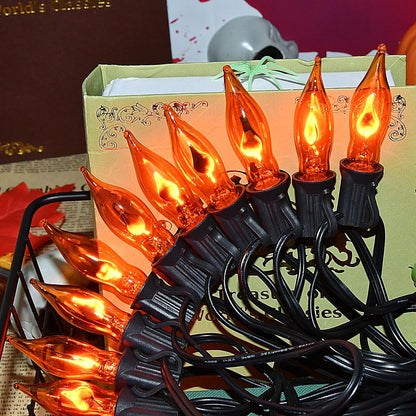 27.8Ft Orange Halloween Lights - Flickering Flame String Lights Orange Flickering String Lights with 25 +4 Pack C18 Flame Light Bulbs for Fall Halloween Decorations Indoor Outdoor Home Party Mantel