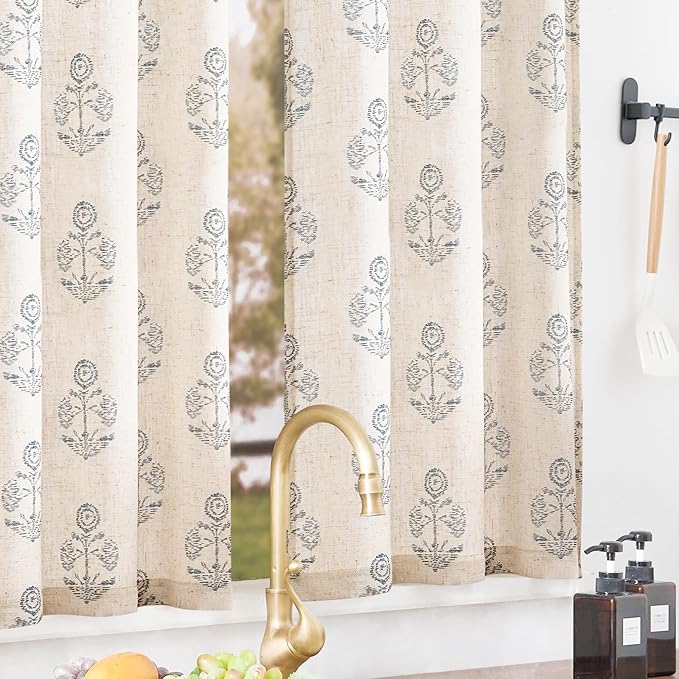 jinchan Linen Kitchen Curtains 24 Inch Floral Tier Curtains Farmhouse Cottage - Image 2