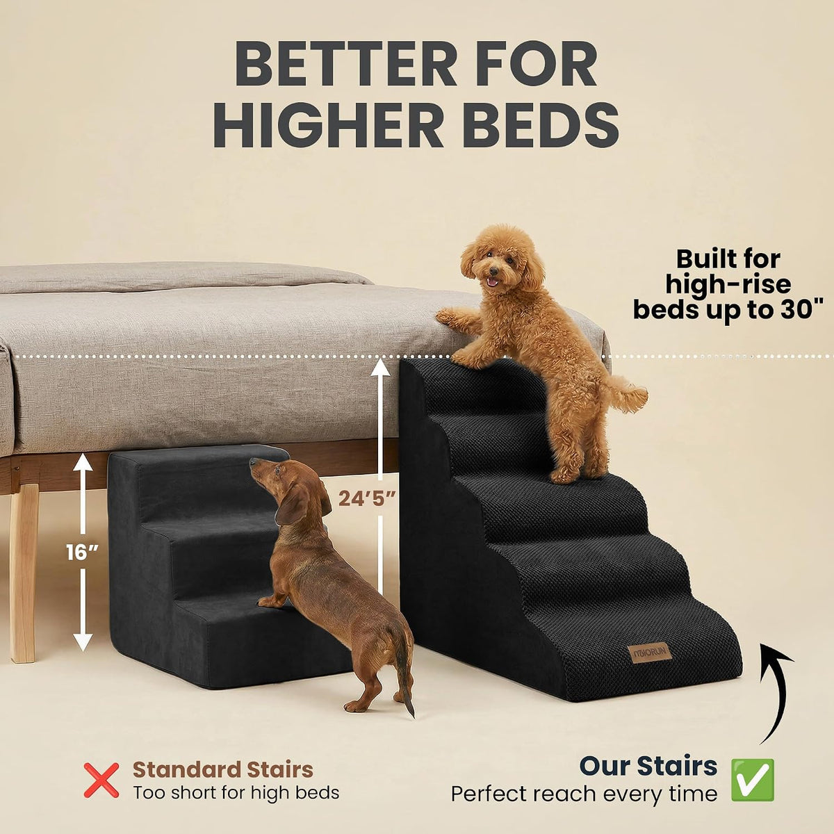 miorun dog stairs for high beds, 24.5" foam shown in use