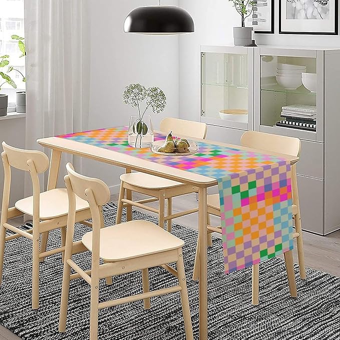 Retro Checkered Table Runner, Bright Rainbow Colorful Modern Groovy Aesthetic - Image 2