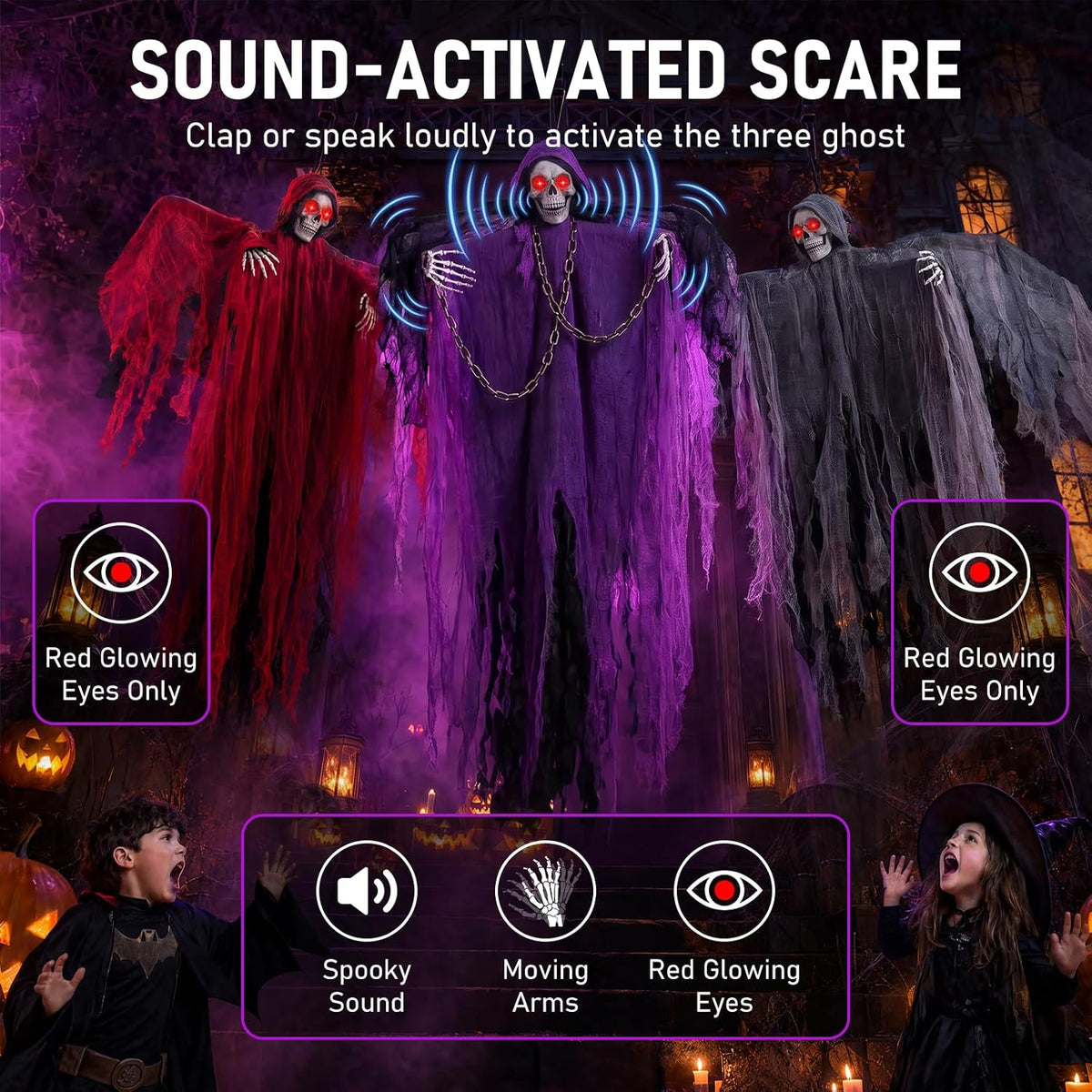71" Halloween Hanging Skeleton Ghosts with Moving Grabbing Arm, Scary Sound & Glowing Red Eyes, 3 Pack Halloween Decorations Outdoor Flying Grim Reaper Set for Yard Porch Haunted House Props Décor