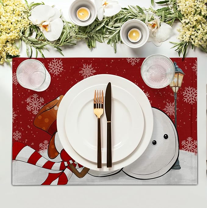 Red Snowman Snowflake Christmas Placemats Set of 4 Seasonal Winter Linen Table - Image 3
