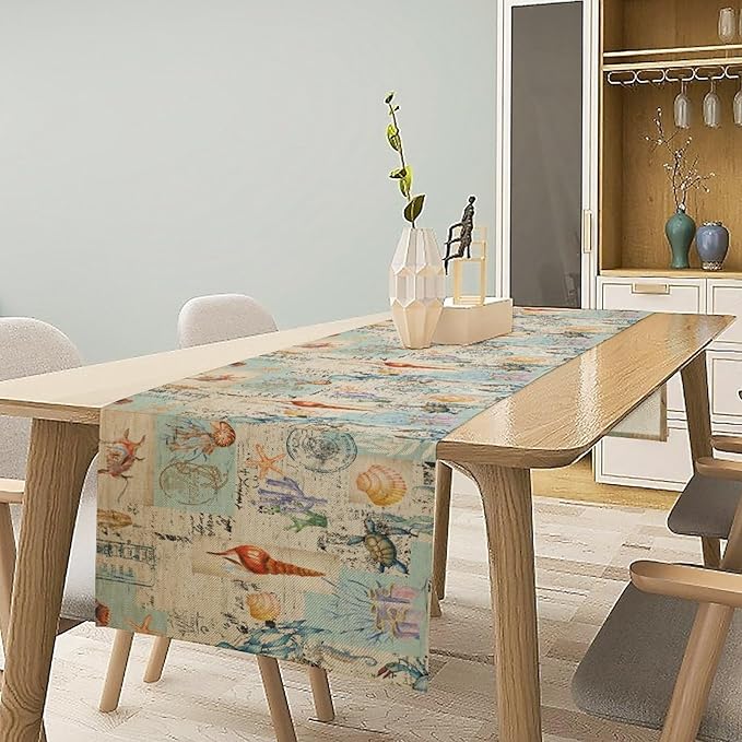 Vintage Seashell Starfish Poster Table Runner Seahorse Newspaper Life Table - Image 2