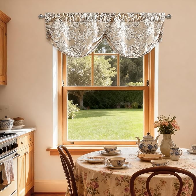 Leeva Vintage Floral Window Valance, Linen Textured Rod Pocket Pleated Curtain - Image 3