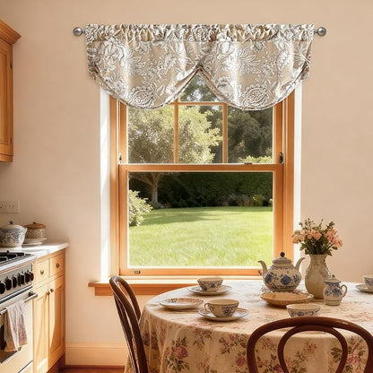 Leeva Vintage Floral Window Valance, Linen Textured Rod Pocket Pleated Curtain - Image 3