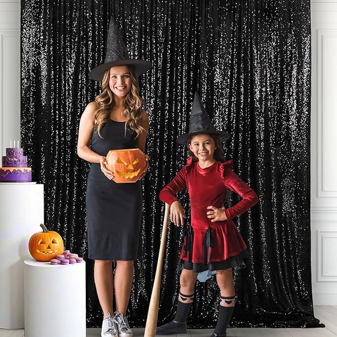Eternal Beauty Black Thick Sequin Backdrop, 10x10 Ft Halloween Glitter Background Curtains for Shimmer Photography Party Wedding Birthday Back Drop Decor