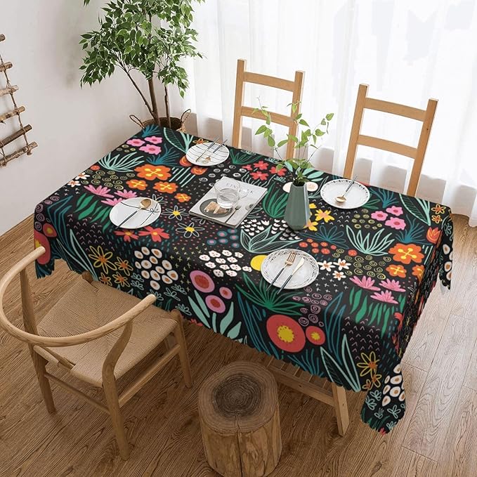 Colorful Flowers Tablecloth Floral Flower Field Black Meadow Herbs Leaves Table - Image 5