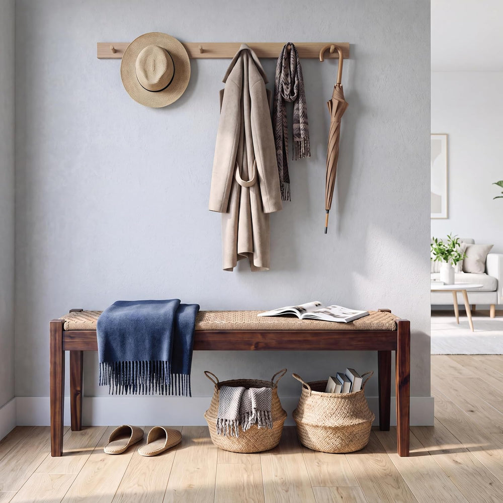 Vintage Entryway Bench with Woven Rope Seat, 46" Acacia Wood, Dark Brown