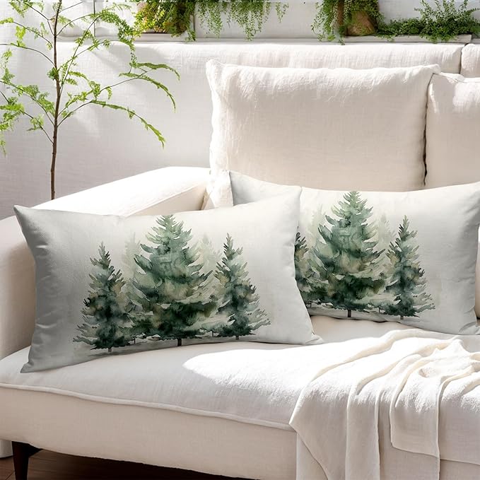 Watercolor Green Tree Throw Pillow Covers 20x12 Inch Set of 2 Green Christmas - Image 6