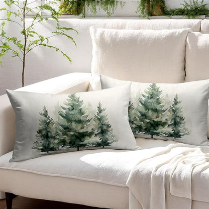 Watercolor Green Tree Throw Pillow Covers 20x12 Inch Set of 2 Green Christmas - Image 6