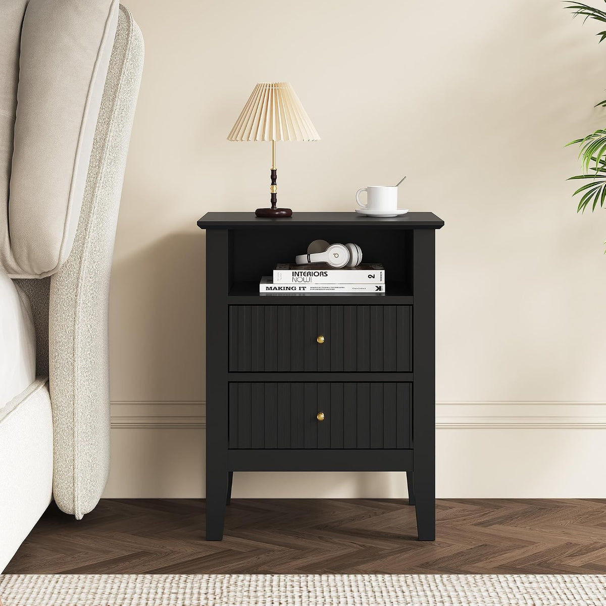 royalcraft black fluted nightstand with 2 drawers, colorful, side view