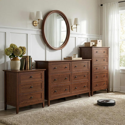 karl home brown farmhouse nightstand, wide end table shown in use
