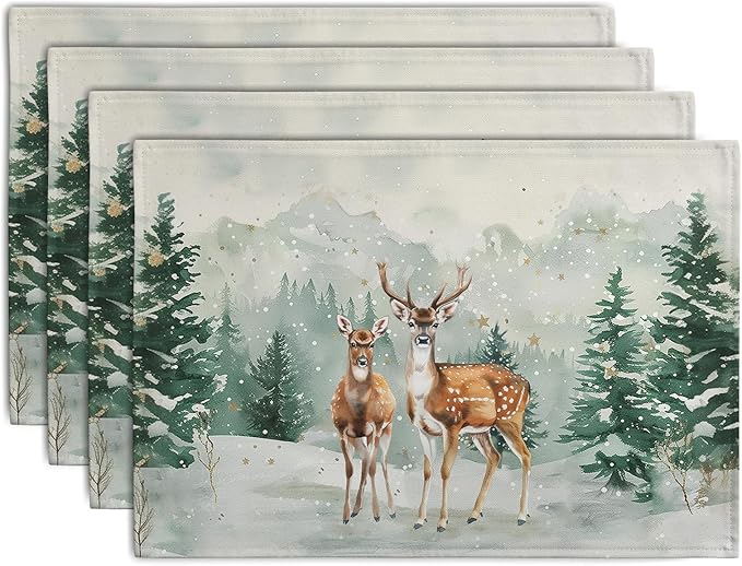 Christmas Watercolor Deer Trees Snowflakes Placemats Set of 4 Winter Rustic by Wnoesat