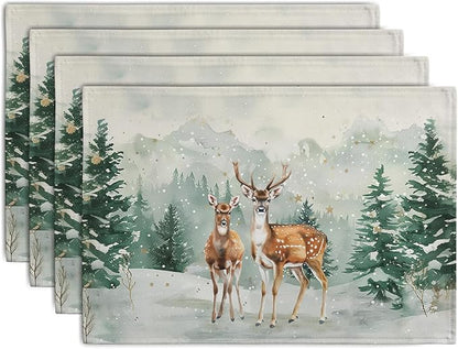 Christmas Watercolor Deer Trees Snowflakes Placemats Set of 4 Winter Rustic by Wnoesat