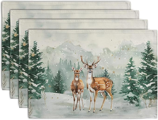 Christmas Watercolor Deer Trees Snowflakes Placemats Set of 4 Winter Rustic by Wnoesat