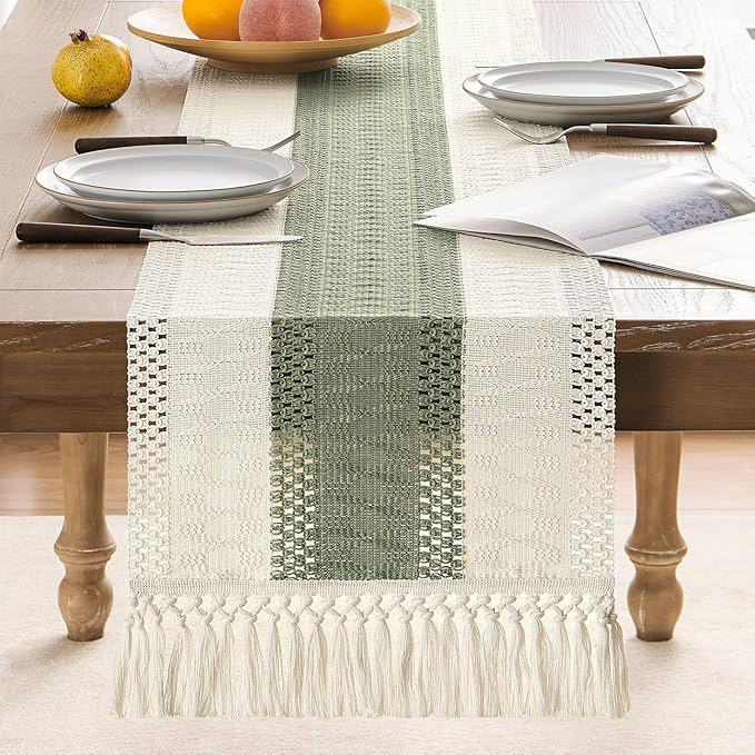 ZeeMart Macrame Style Bicolor Stitching Table Runner, 14 x 48 Inch Green/Ivory - Image 2