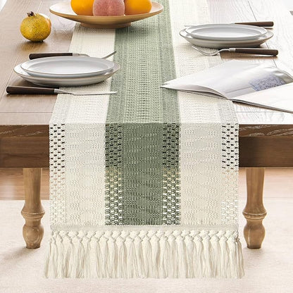 ZeeMart Macrame Style Bicolor Stitching Table Runner, 14 x 60 Inch Green/Ivory - Image 2