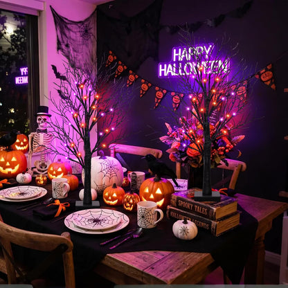 [Timer] 2 Pack Halloween Decorations Indoor, 24 Inch Lighted Black Halloween Tree with 24 Orange & Purple Lights, USB or Battery Powered Spooky Tabletop Tree for Home, Party, Fireplace & Holiday Decor