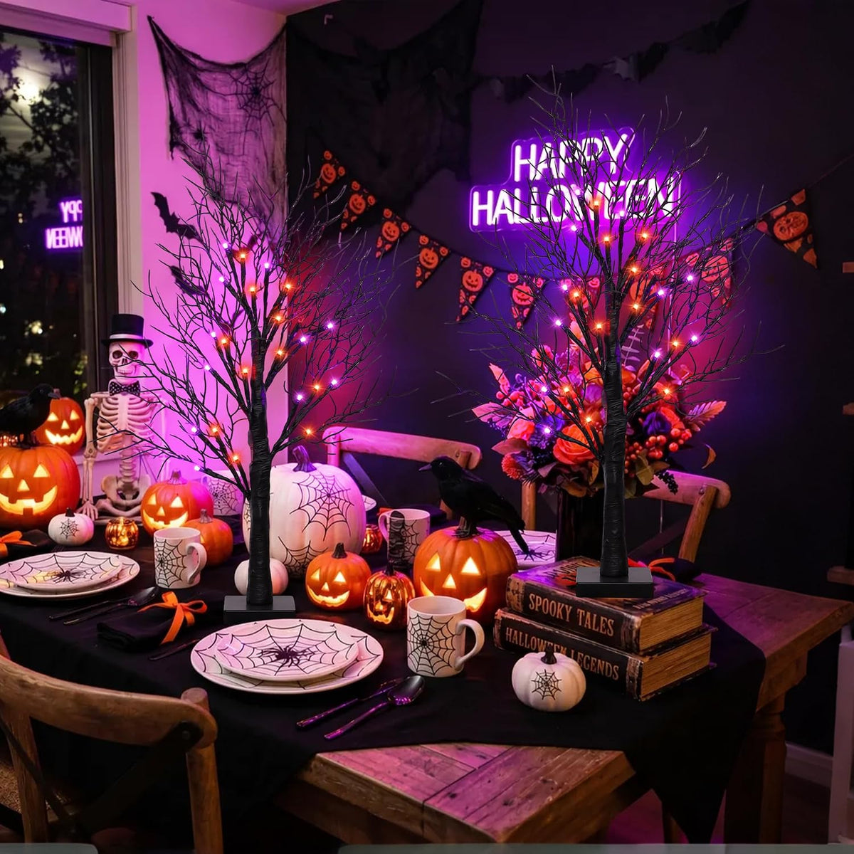 2 Pack 24 Inch Spooky Black Halloween Tree Decorations for Indoor Home Table, Halloween Lighted Tabletop Centerpiece with 24 Orange and Purple LEDs, Timer, USB or Battery Powered