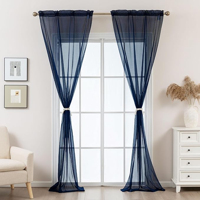 Navy Blue Sheer Curtains 84 Inches Long, Privacy Semi Sheer Curtains - Image 7