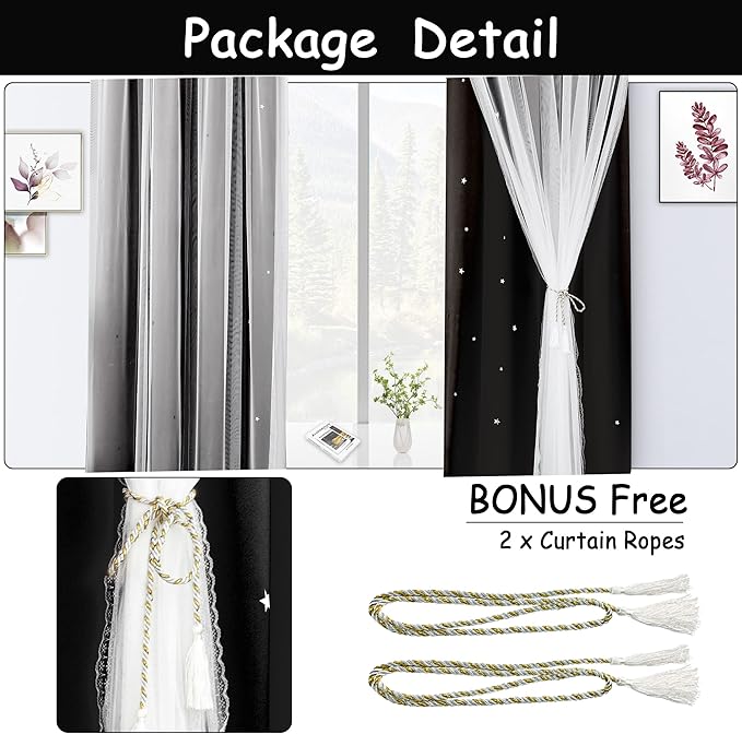 Kinryb Black Star Cutout Blackout Curtains Double Layer Curtains - Image 7
