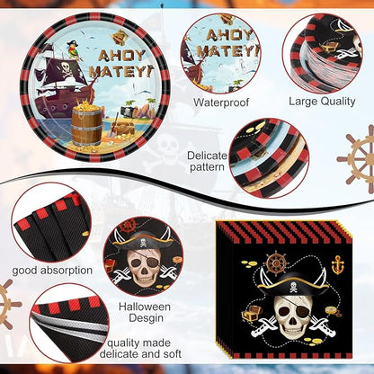 452 Pcs Pirate Party Supplies Decorations for 50 Guests, Pirate Treasure Theme Paper Plates Napkins Cups Tablecloth Cutlery Straws for Adult Halloween Birthday Party Decorations