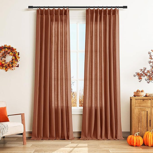 Terracotta Pinch Pleat Linen Curtains 96 Inch Length 2 Panels Set by Aersas