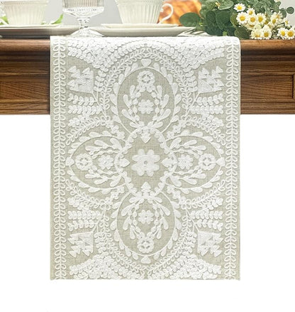 KEVA Boho Table Runner 110inches Long, Farmhouse Rustic Vintage White by KEVA