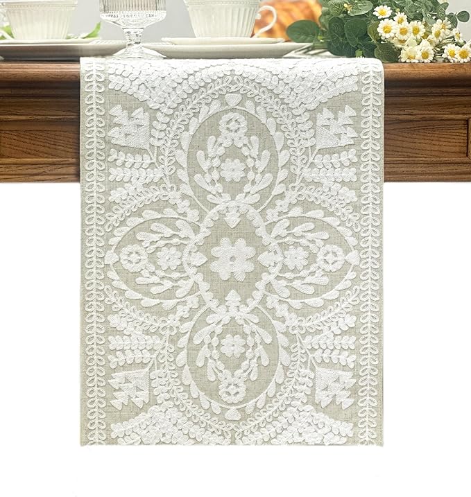 KEVA Boho Table Runner 36inches Long, Farmhouse Rustic Vintage White by KEVA