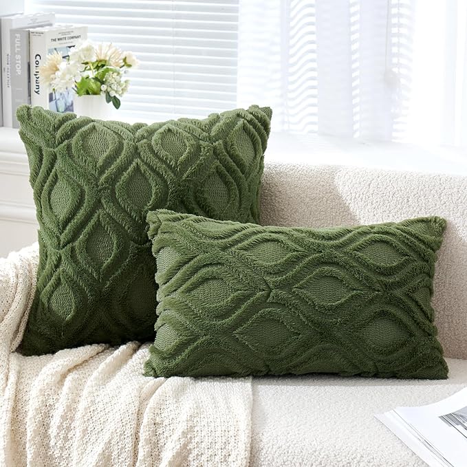 MIULEE Moss Green White Throw Pillow Covers 16x16 Inch, Soft Winter Plush Faux - Image 6