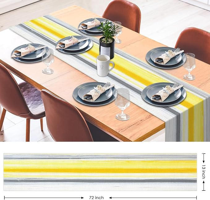 Emvency Yellow Abstract Table Runner, Modern Grey White Striped Dining Decor - Image 2