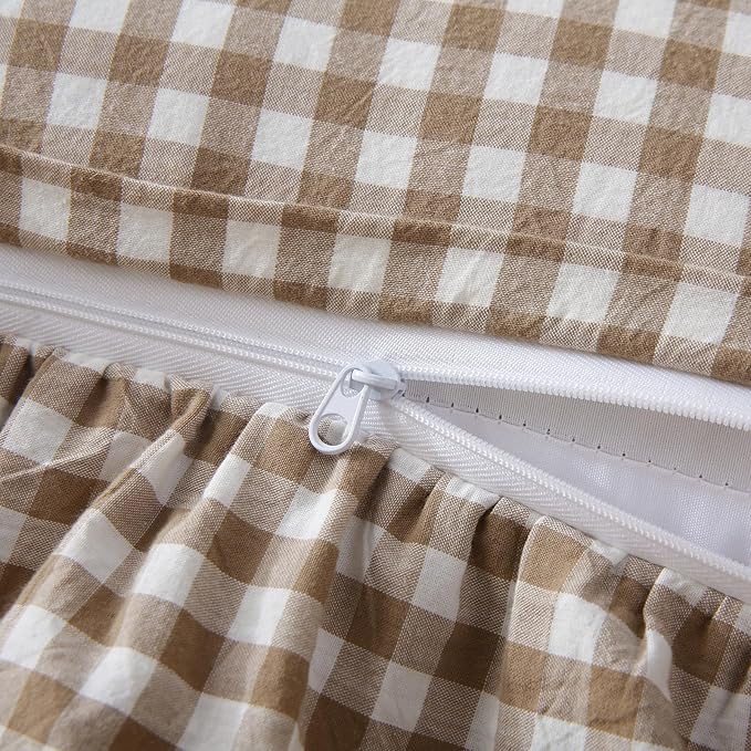 Aryeleay 2 Pack Taupe White Plaid Ruffle Throw Pillow Covers, 100% Cotton - Image 4