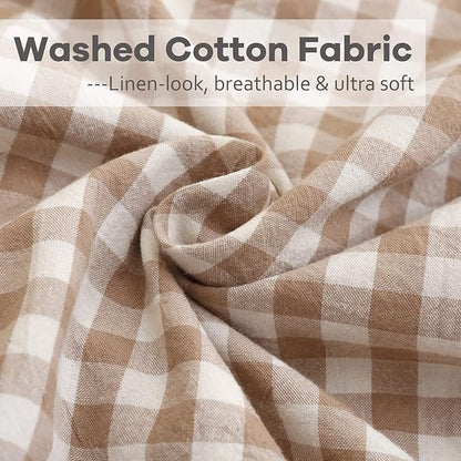 2 Pack Taupe White Plaid Ruffle Square Euro Pillow Shams, 100% Washed Cotton - Image 6