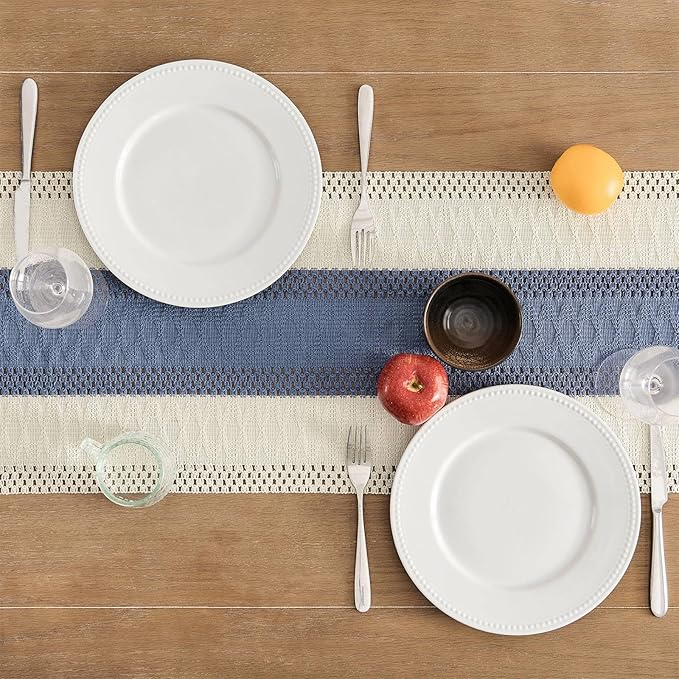 ZeeMart Macrame Style Bicolor Stitching Table Runner, 14 x 48 Inch Blue/Ivory - Image 4