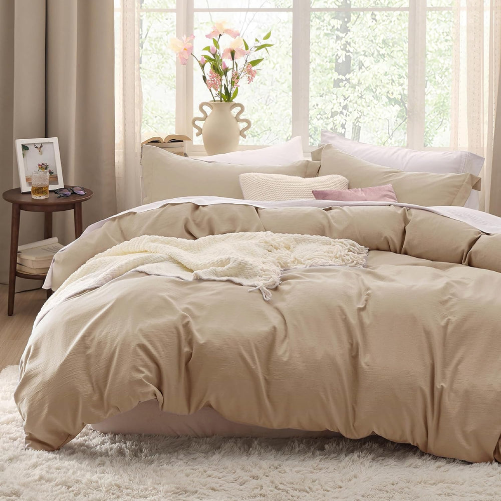 Bedsure Prewashed Duvet Cover King, Cotton-Like Bedding Set, Light Brown