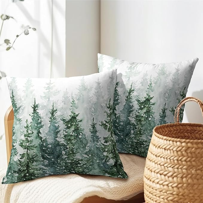 Winter Forest Pillow Covers 22x22 Inch 2Pcs Watercolor Green Misty Pine Tree - Image 6