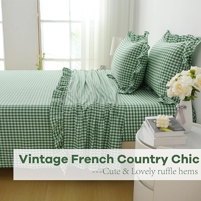 2 Pack Christmas Green White Plaid Ruffle Gingham Pillow Shams Standard Size - Image 6