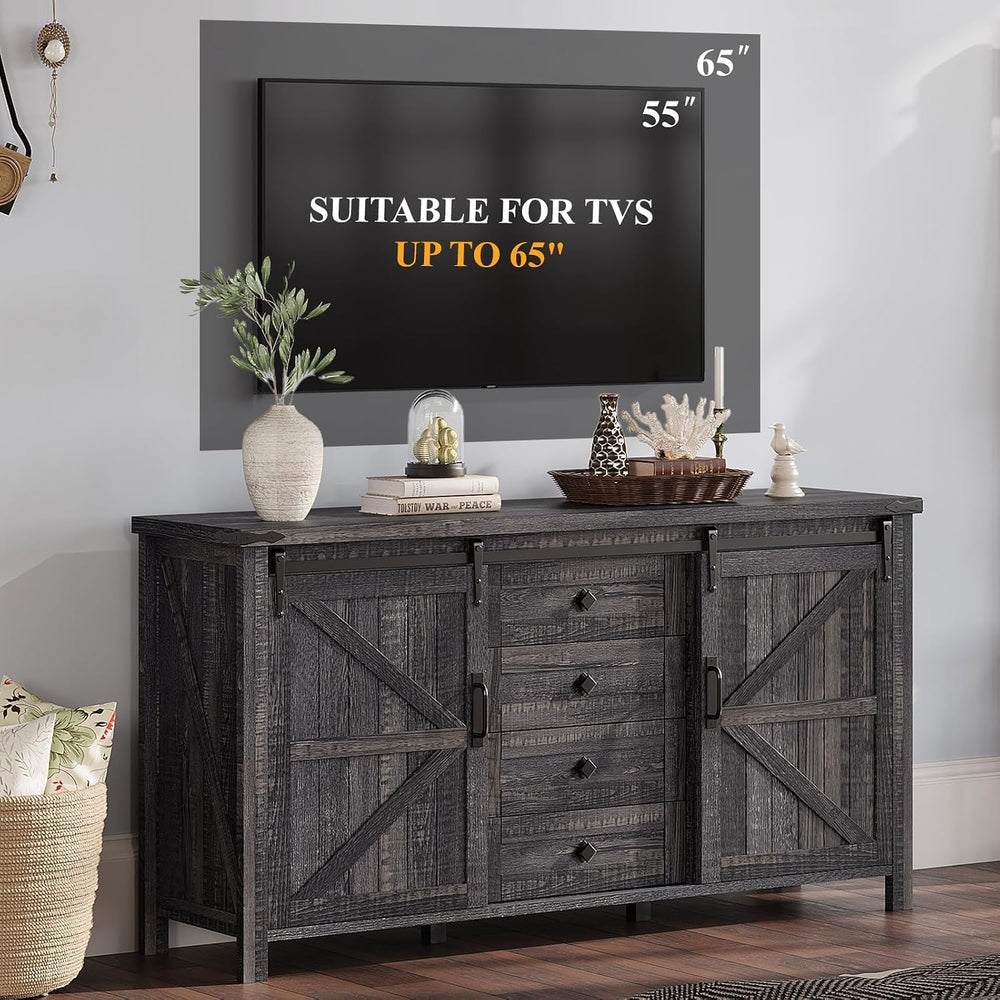 AMERLIFE 60" Farmhouse 4-Drawer Dresser with Barn Doors, Black Oak