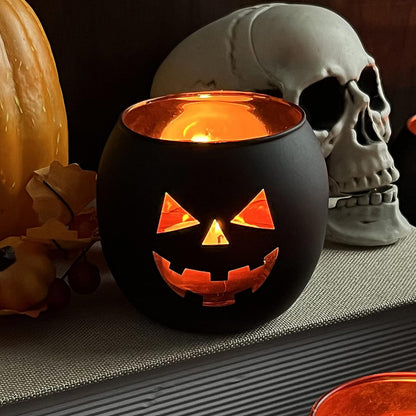 SHMILMH Halloween Table Centerpiece Candle Holders Set of 12, Black and Gold Glass Votive Holder with 6 Grimace, Tealight Holders Bulk for Halloween Party Decor