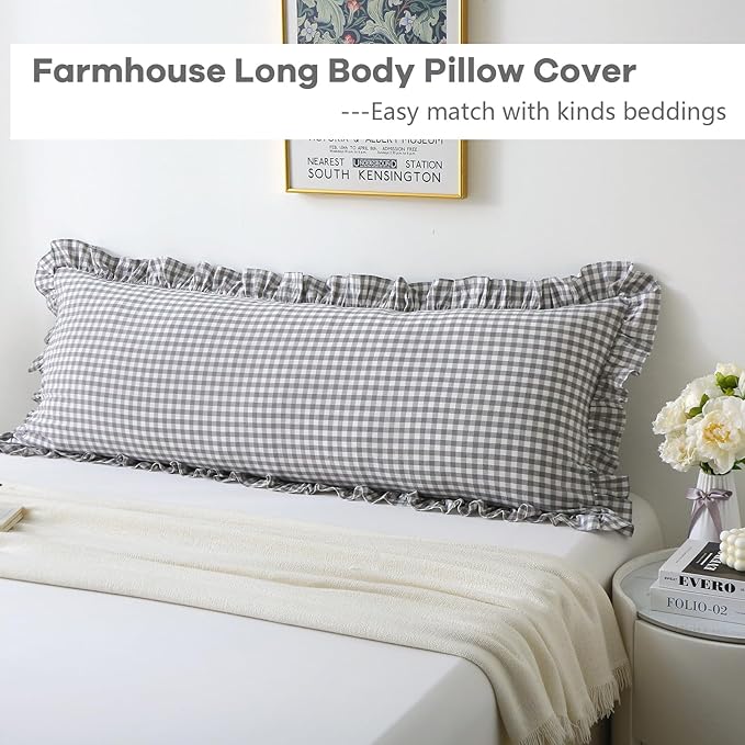Grey White Plaid Ruffle Gingham Bedding Body Pillow Cover, 100% Washed Cotton - Image 3