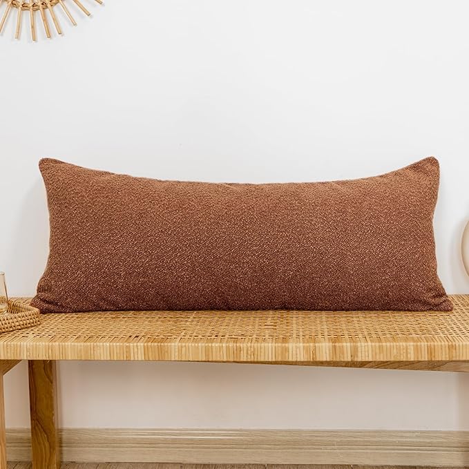 14x36 inch Boucle Lumbar Pillow Cover, Rust Woven Texture Neutral Long Pillow by JoraLion