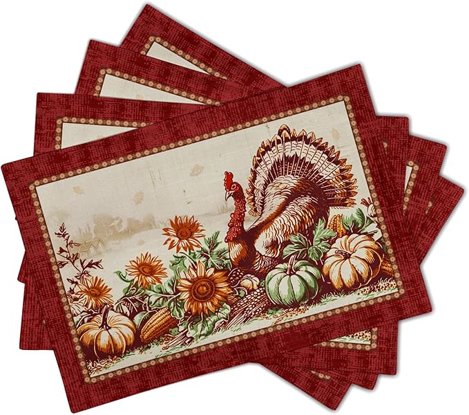 Giwawa 4PCs Thanksgiving Placemats 12x18 Inch Fall Harvest Turkey Autumn - Image 2