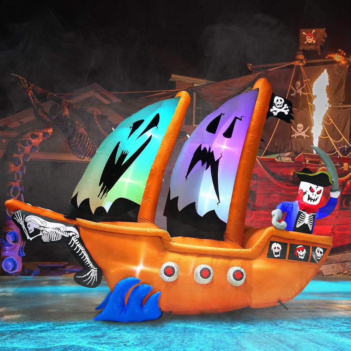 10FT Length Halloween Pirate Ship Inflatable with Pirate, Halloween Decorations Outdoor Inflatable Pirate Ship Built-in 5 LEDs and 4 RGB Lights for Pirate Halloween Decorations Outdoor