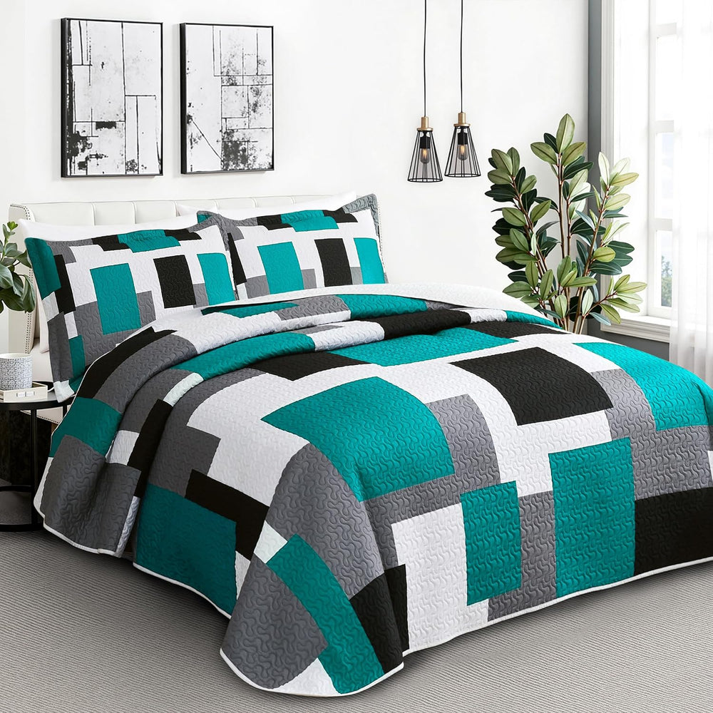 Tyrot 3 Piece Teal/Turquoise Quilt Full/Queen Size Black Grey Bedding Set
