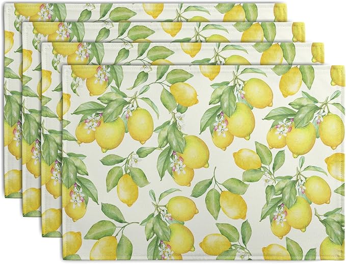 Lemon Placemats Set of 4 Summer Yellow Fruit Green Leaf Floral Linen Table Mat by Wnoesat
