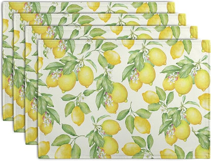 Lemon Placemats Set of 4 Summer Yellow Fruit Green Leaf Floral Linen Table Mat by Wnoesat