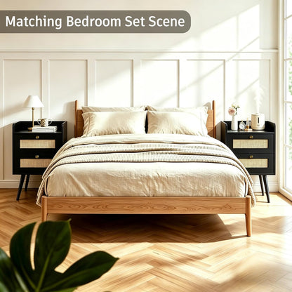 rattan nightstands set of 2, boho bedside table, front angle view