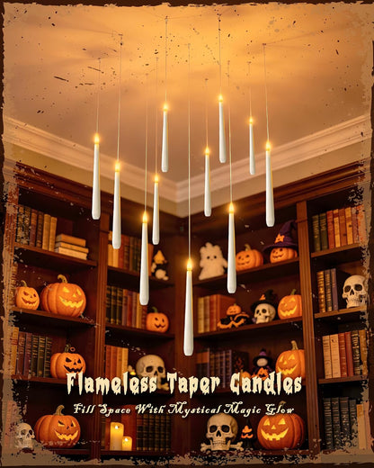 30PCS Floating Candles with Wand Remote, Flameless Hanging Taper Candles with Flickering Warm Light, Battery Operated Magic Candles for Halloween Indoor Ceiling Decor, Hallway, Bedroom, Party