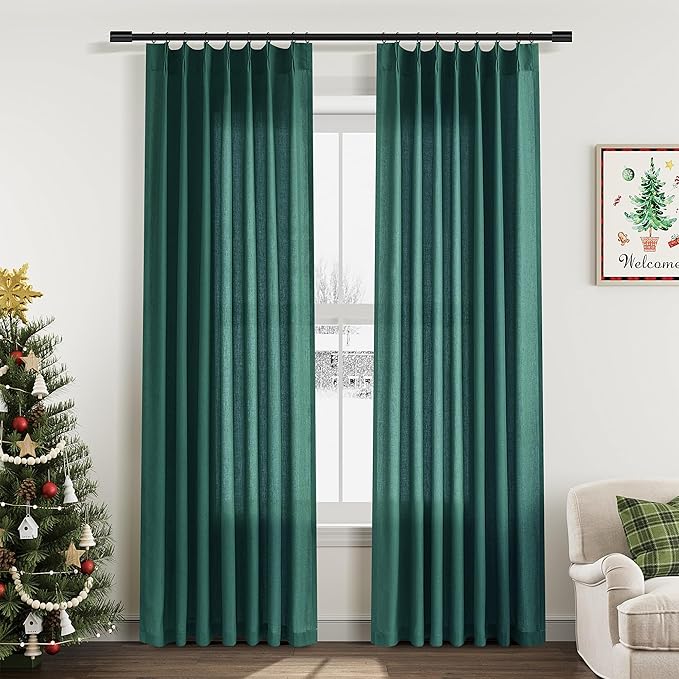 Dark Green Pinch Pleated Linen Curtains 84 Inch Length 2 Panels by Aersas