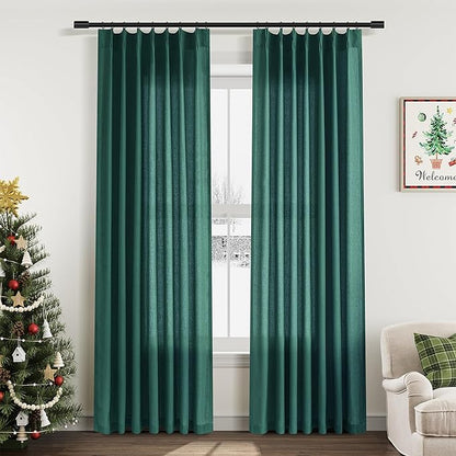 Dark Green Pinch Pleated Linen Curtains 84 Inch Length 2 Panels by Aersas